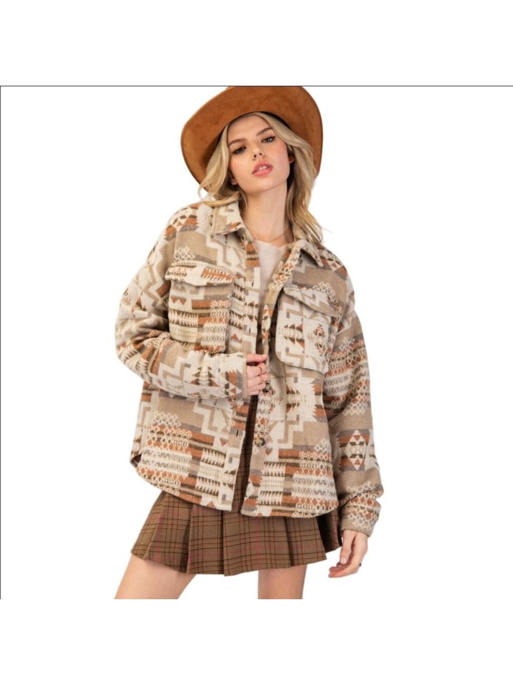 Easel Women's Geometric Teddy Jacket - Cream and Brown